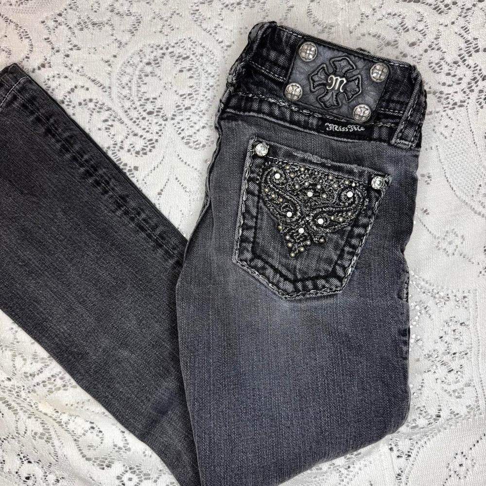 Miss Me Girls Embellished Bootcut Jeans – Gray Wash | Size 8